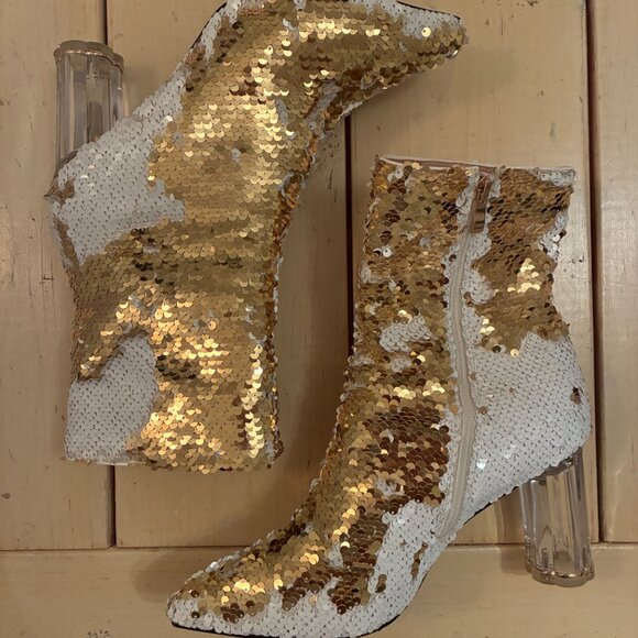 Gold Sequined Chunk Heel Booties - Picture 3 of 4